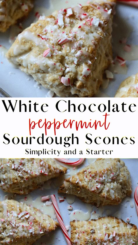 Christmas morning just got sweeter! White Chocolate Peppermint Sourdough Scones look as delightful as they taste. Sweet white chocolate chips and refreshing peppermint celebrate the best flavors that the holidays have to offer. Each buttery, flaky scone is topped with a white chocolate drizzle and more crushed peppermint candy canes. Holiday Sourdough, Sourdough Scones Recipe, Christmas Sourdough, Sourdough Christmas, Christmas Scones, Sourdough Scones, Sourdough Starter Discard Recipes, Starter Discard Recipes, White Chocolate Drizzle