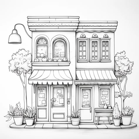 24 Free coloring page of cute storefront coloring sheets for adults – Bujo Art Building Colouring Pages, Storefront Coloring Pages, House Colouring Pages Free Printable, Tree House Coloring Pages, Watercolor Coloring Pages, Cute Coloring Pages For Adults, Coloring Pages House, Colouring Pages Free Printable, Interior Design Coloring Pages