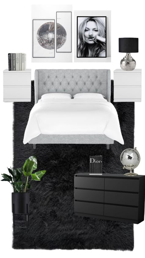 Black And White Preppy Room, White And Black Room Ideas, Black And White Dorm Aesthetic, Room Inspo Black Furniture, Stargirl Bedroom Aesthetic, Black White And Silver Bedroom, Black And White Room Bedroom, Black And White Bedroom Ideas For Teens, Fashion Room Ideas