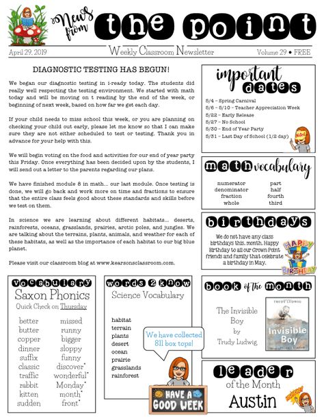 Kearson's Classroom: Weekly Newsletter... Classroom Monthly Newsletter, Fun Newsletter Ideas, Parent Newsletter Template Free, Office Newsletter Ideas, Teacher Weekly Newsletter, Instructional Coach Newsletter, Staff Newsletter Ideas, Team Newsletter Ideas, Weekly Newsletter Template Free Editable