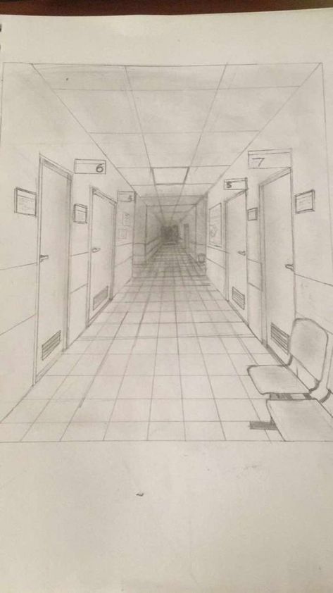 Long Hallway Drawing, Hospital Drawing Reference, Corridor Drawing, Hospital Comic, Hospital Sketch, Drawing Hospital, Abandoned Drawing, Hospital Painting, High School Wallpaper