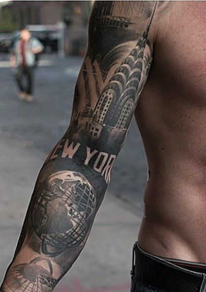 New York Sleeve Tattoo Ideas For Men Skyline Tattoo, New York Tattoo, Nyc Tattoo, Epic Tattoo, Men Tattoos, City Tattoo, Cool Forearm Tattoos, Theme Tattoo, Full Sleeve Tattoos