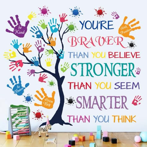 PRICES MAY VARY. Motivational Quotes: Our inspirational positive lettering phrase wall sticker is designed with a tree made of colorful palms pattern, can always let your children know that they should be a kind person since childhood, help build up a positive attitude, make you feel better and happy. Package Include: you will get a set of motivational wall decals, including Patterns of various shapes and positive words. Sheet size 11.8 x 35.5 inches, when you finish size 20.9 x 23.5 inches. Als Classroom Hallway Decor, Inspirational Children Quotes, Preschool Wall Decoration Ideas, Kids Motivational Quotes, Children's Day Quotes, Kids Inspirational Quotes, Quotes For Children, Kindness Wall, School Wall Decoration