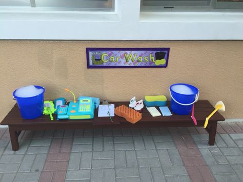 Car wash outdoor classroom washing the bikes! Outdoor Eyfs, Eyfs Outdoor, Eyfs Outdoor Area, Eyfs Classroom, Continuous Provision, Outdoor Nursery, Nursery Garden, Outdoor Play Area, Outdoor Classroom