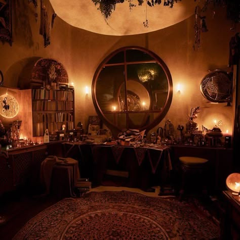 Witch Home Interior, Witch Study Room, Witch Room Illustration, Witchcraft Aesthetic Room, Witch Interiors, Witchy Bar, Witch Room Aesthetic, Witch Cottage Interior, Witch Living Room