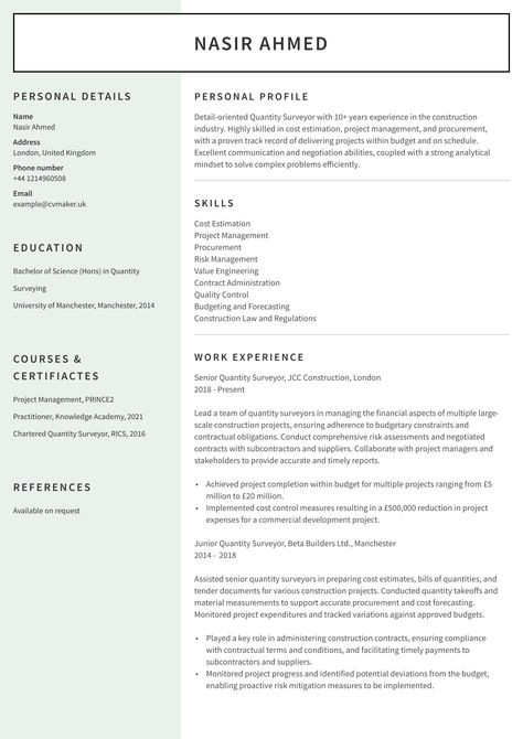 Quantity Surveyor CV sample Cv Writing Tips, Quantity Surveyor, Cv Example, Good Cv, Cv Writing, Job Inspiration, Modern Cv, Cv Examples, Writing Guide