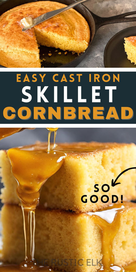 This sweet cornbread bakes perfectly in a cast iron skillet every time! Just a handful of simple ingredients and you'll have the best, crumbly cornbread you've ever tasted. Cast Iron Cornbread Recipe Pioneer Woman, Skillet Cornbread Cast Iron Buttermilk, Sweet Skillet Cornbread, Cornbread Recipe No Milk, Skillet Cornbread Cast Iron, Cornbread In Cast Iron Skillet, Cornbread For Two, Cast Iron Cornbread Recipe, Cast Iron Skillet Cornbread Recipe