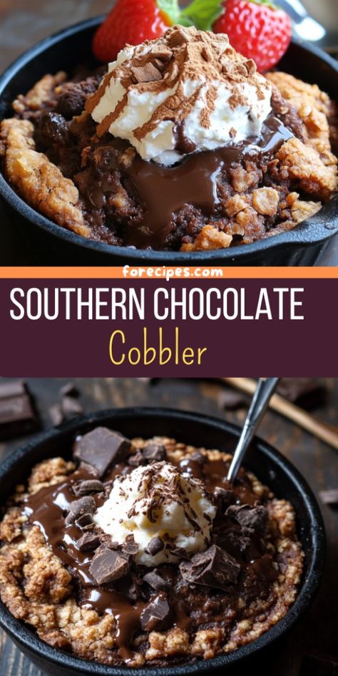 Southern Chocolate Cobbler Southern Chocolate Cobbler, Lunch Casserole, Creamy Parmesan Chicken, Bread Pudding Recipes, Chocolate Cobbler, Bread Puddings, Rich Chocolate Cake, Blueberry Cheesecake, Chocolate Craving