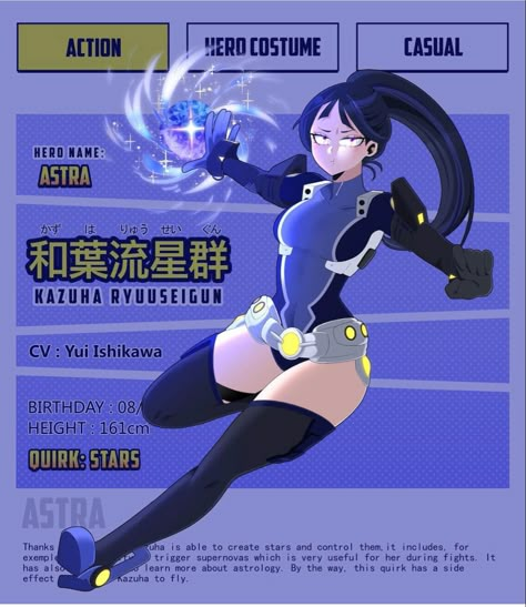 Yui Ishikawa, Lack Of Self Confidence, My Hero Academia Costume, Oc Manga, Superhero Villains, Super Hero Outfits, Meteor Shower, Hero Costumes, Name Meaning