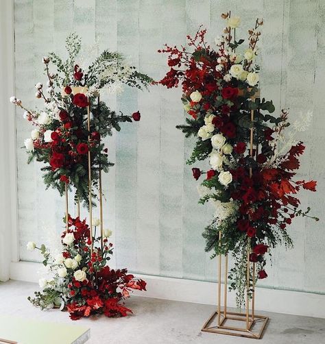 Black Gold Red Green Wedding, Black Red Green Wedding, Red White Gold Wedding Decoration, White Gold And Red Wedding, Burgundy Flower Wall, Red White Gold Wedding, Red Flower Arch, Red Theme Wedding Decor, Wedding Red Theme