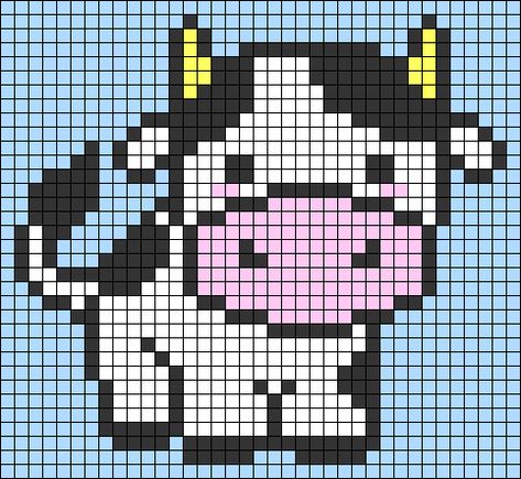 Cow Alpha Pattern Crochet, Cross Stitch Cow Pattern, Cow Grid Pattern, Perler Bead Cow Pattern, Cute Animal Pixel Art, Farm Pixel Art, Cow Pixel Art, Cute Pixel Art Grid, Alpha Patterns Pixel Art