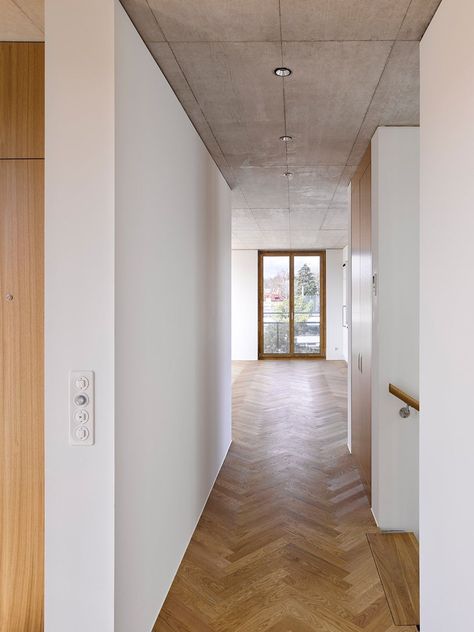 Building in Florastrasse | Leibal Gigon Guyer, Corrugated Sheets, Concrete Interiors, Concrete Ceiling, Minimal Architecture, Modern Home Interior Design, Wall Closet, Exposed Concrete, Oak Floors