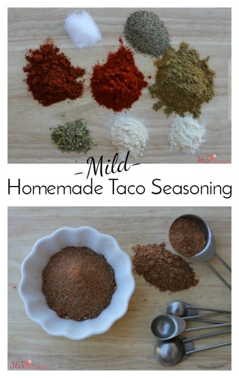 Mild Homemade Taco Seasoning: 2 tsp onion powder 2 tsp garlic powder 2 tsp oregano 4 Tbsp (1/4 cup) cumin 2 Tbsp chili powder 2 Tbsp paprika 2 Tbsp black pepper 2 tsp salt Taco Seasoning Without Cumin, Easy Taco Seasoning Recipe, Taco Seasoning Easy, Taco Seasoning Mix Recipe, Low Carb Taco Seasoning, Taco Seasoning Ingredients, Diy Taco Seasoning, Mild Taco Seasoning, Low Carb Taco