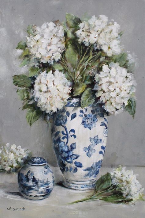 Hydrangeas with Blue and White China Blue And White Vases With Flowers, Vase With Flowers Painting, Blue Vase With Flowers, Hydrangeas Art, Coastal Cottage Decorating, Hydrangea Painting, Blue White Decor, Blue And White Vase, Vase Art