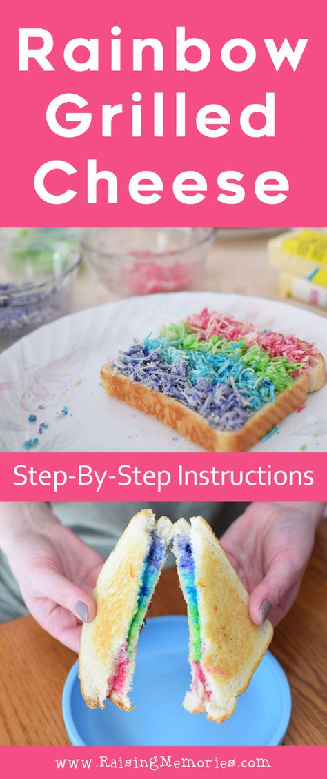 Brighten your kids' day with a fun, cute, colorful and easy, step-by-step tutorial for making a rainbow grilled cheese sandwich! Simple instructions to make a beautiful, bright, multicolored sandwich for a rainbow party or for St. Patrick's Day lunch food! by Raising Memories Making A Rainbow, Rainbow Grilled Cheese, Kid Sandwiches, Rainbow Snacks, Grilled Cheese Recipe, St Patricks Day Food, Grilled Cheese Recipes, Lunch Food, Food Party