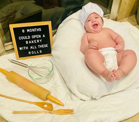 Homemade Rolls Baby Picture, Baking Baby Photoshoot, These Rolls Are Homemade Baby Picture, Open A Bakery, Baby Dinner, Opening A Bakery, Baking Theme, Baby Milestones Pictures, Baby Milestone Photos