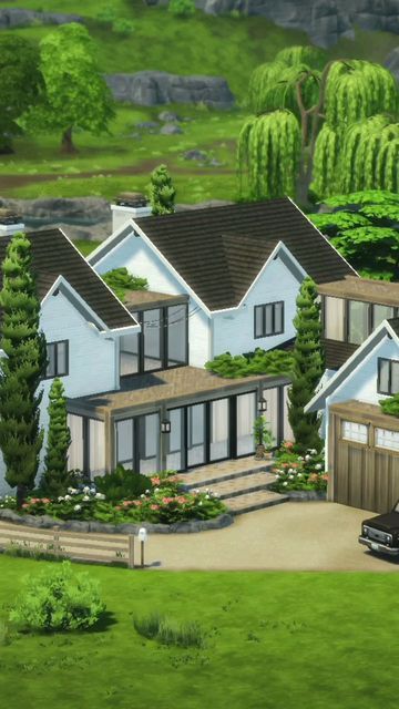 Sims 4 Builder on Instagram: "Modern Farmhouse (No CC) | Speedbuild on YouTube (link in bio) 🌳" Sims 4 Modern Ranch House, Sims 4 Modern Ranch, Modern Farmhouse Sims 4, Sims 4 Ranch Style House, Sims Farmhouse, Sims 4 Country House, Sims 4 Modern Farmhouse, Sims 4 Ranch Cc, Sims 4 Country Cc