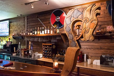 Ship & Shield bar Viking Restaurant, Viking Bar, Scottish Pub, Medieval Dungeon, Viking Longship, Viking Decor, Houston Food, Viking Drinking Horn, Viking Life