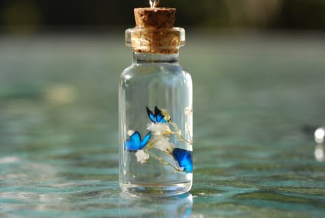 Blue Butterflies in Bottle by ~jen4eternity on deviantART Ethereal Blue, Bottle Picture, Tiny Jars, Mini Glass Bottles, Mini Bottle, Bottle Pendant, Mini Jars, Blue Butterflies, Miniature Bottles