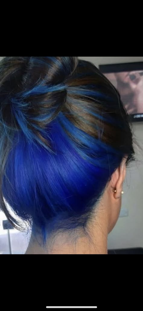 Black Hair Blue Balayage, Black With Blue Peekaboos, Top Half Black Bottom Half Blue Hair, Blue Undercut Hair, Black And Blue Hair Underneath, Black With Blue Underneath Hair, Dark Blue Underneath Hair, Under Color Hair Ideas For Brunettes, Half Black Half Blue Hair