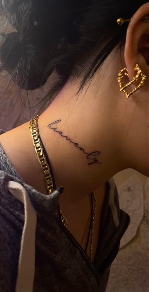 Side Of Neck Tattoos Women, Neck Tattoos Women Side, Cursive Neck Tattoo, Side Neck Tattoos Women, Small Neck Tattoo, Neck Tats Women, Word Neck Tattoos, Tattoos Wings, Name Tattoos On Neck