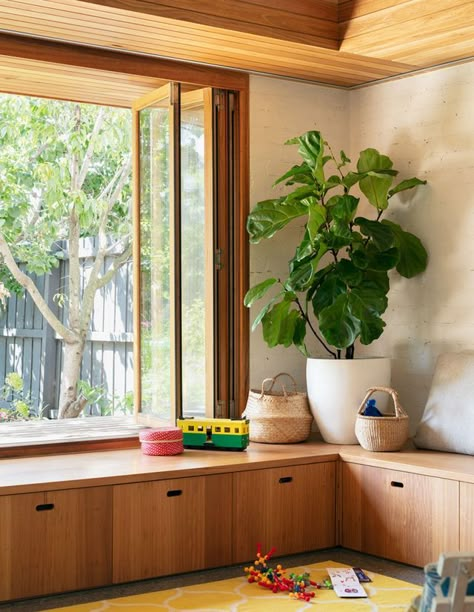 A Sustainable Home, Designed To Connect To Community | The Design Files | Bloglovin’ Window Seat Design, California Bungalow, Bungalow Renovation, Window Benches, Emily Henderson, Street House, Kitchen Extension, Built In Bench, The Design Files