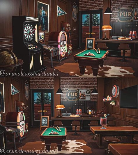 Acnh Gaming Room, Acnh Living Rooms Ideas, Basement Movie Theater, Fun Interior, Board Game Room, Arcade Room, The Raid, Pub Design, Night Bar