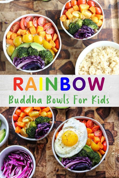 This Rainbow Buddha Bowl is a great way to easily get more veggies into your family’s diet! This bright, fun, and nutrition-packed dinner is super easy to prepare, and even more fun to put together. Packed with red and yellow tomatoes, sweet potatoes, purple cabbage, broccoli and avocado. Rainbow Diet, Buddha Bowl Recipe, Vegetarian Kids, Healthy Superbowl Snacks, Buddha Bowls Recipe, Buddha Bowls, Rainbow Food, Buddha Bowl, Bowl Recipe