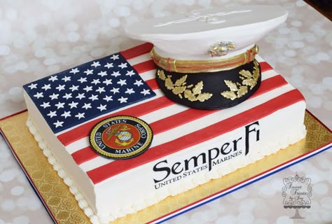 Marine Corp Salute Sheet cake with fondant flag. The cover (hat) was made from cake and covered in modeling chocolate. Edible images were... Marine Corps Birthday Cake, Marine Cake Ideas, Hat Modeling, Marine Corps Cake, Military Wedding Cakes, Usmc Retirement, Usmc Birthday, Marine Party, Marine Cake