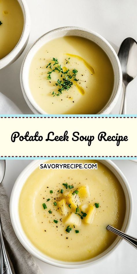 Warm up with this creamy Potato Leek Soup recipe! Perfect for chilly days, it combines tender potatoes and savory leeks for a delightful bowl of comfort. Ideal as a starter or main dish, this soup is easy to make and packed with flavor. Satisfy your cravings today! Potatoe Leek Soup Recipe, Potato Leek Soup Easy, Potato Leek Soup Recipe, Creamy Potato Leek Soup, Leeks Soup Recipes, Leek Recipes, Valentines Dinner, Potato Leek, Potato Leek Soup