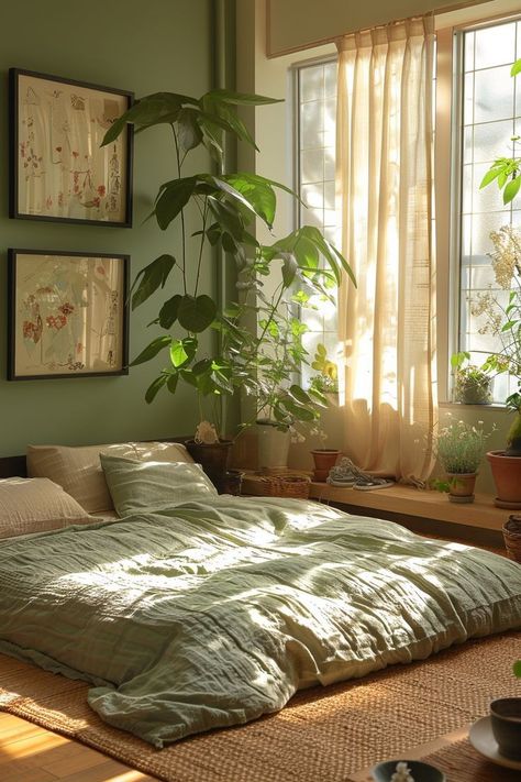 Mattress On Floor, Floor Bed, Cozy Room Decor, Apartment Decor Inspiration, Dream Room Inspiration, Green Rooms, Bedroom Green, Dream House Interior, Cozy Room