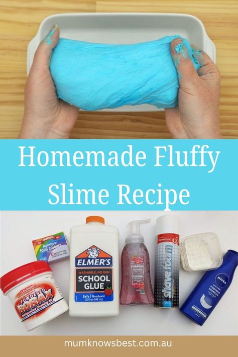 Homemade fluffy slime recipe by Mum Knows Best. Non Sticky Slime Recipe, Non Sticky Slime, Shaving Cream Slime, Slime With Borax, Slime Recipe Easy, Make Your Own Slime, Slime At Home, Homemade Shaving Cream, Homemade Slime Recipe