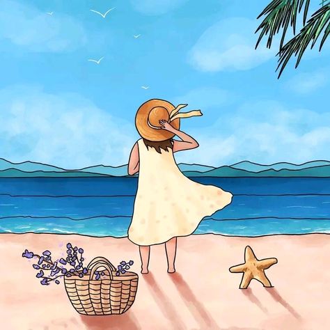 Summer Vacation Drawing Ideas, Ocean Drawing Easy, Person Sketch, Beach Cartoon, Ocean Drawing, Sea Drawing, Summer Drawings, Beach Drawing, Scene Drawing