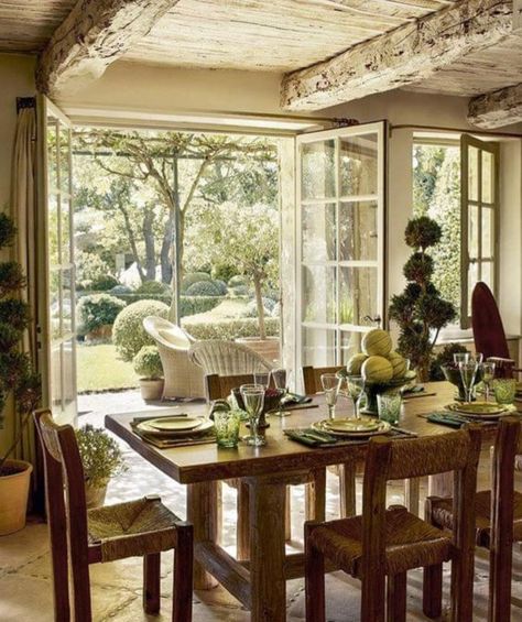 Outdoor Dining Room, Casa Vintage, Luxe Interiors, Outdoor Living Room, The Dining Room, French Interior, Stone House, Glass Doors, Elle Decor