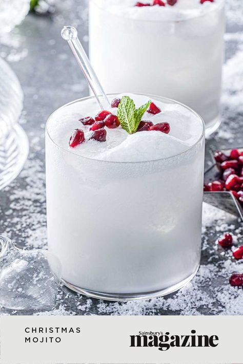 You’ll be dashing through the snow for a tumbler of this festive tipple: a coconut mojito garnished with pomegranate and mint. Get the Sainsbury's magazine recipe Apres Ski Cocktails, Christmas Mojito Recipe, White Mojito, Snow Cocktail, White Christmas Mojito, Christmas Mojito, New Year Recipes, Xmas Cocktails, Blackberry Gin