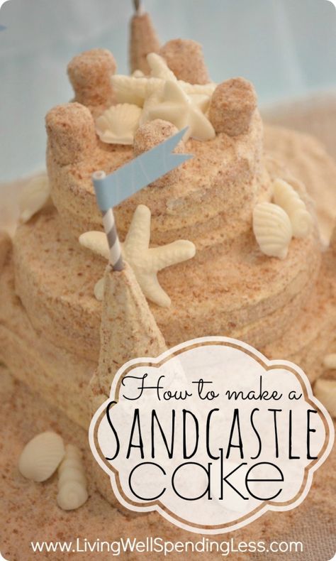 How to make a sandcastle cake. Super detailed (but non-technical) tutorial for making a darling sandcastle cake (made by a mom, not a professional baker!) Perfect for a beach or mermaid themed party, or even a casual beach wedding! Nutty Desserts, Sandcastle Cake, Sand Castle Cakes, Beach Party Food, Beach Cakes, Castle Cake, Mermaid Theme Party, Gateaux Cake, Beach Themed Party