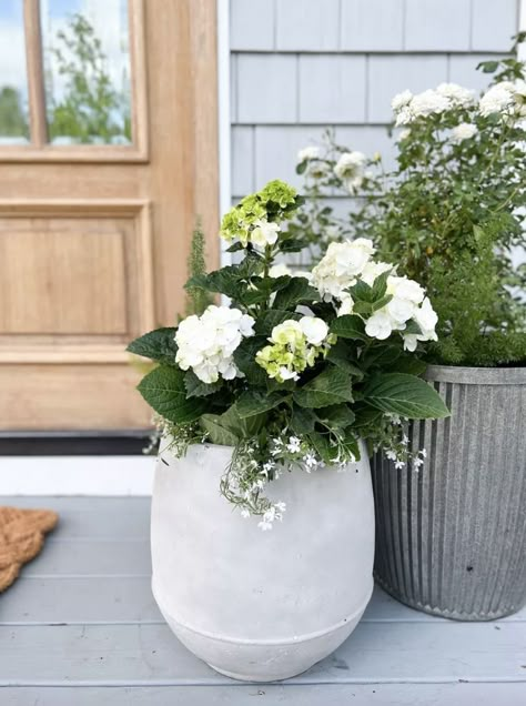 Coastal Porch Ideas, Diy Large Planters, Front Porch Styling, Coastal Porch, Beautiful Planters, Front Porch Flower Pots, Front Door Planters, Front Porch Plants, Porch And Patio