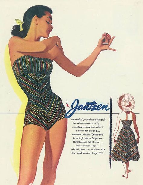 Pete Hawley fashion illustrations | Illustration by Pete Hawley, 1952 Jantzen swimwear vintage ad.Jantzen ... Jantzen Swimwear, Vintage Bathing Suits, Ad Fashion, Vintage Swim, Vintage Swimsuit, Fashion Swimwear, Vintage Swimwear, Vintage Swimsuits, Vintage Skirts