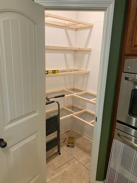 Kitchen Pantry Different Color, Farmhouse Open Pantry Ideas, Pantry Closet Shelving Ideas Corner, Kitchen Remodel With Corner Pantry, Before And After Pantry Makeover, Small Pantry Measurements, Cheap Pantry Ideas, 4x4 Pantry Ideas, Brick Wall Pantry