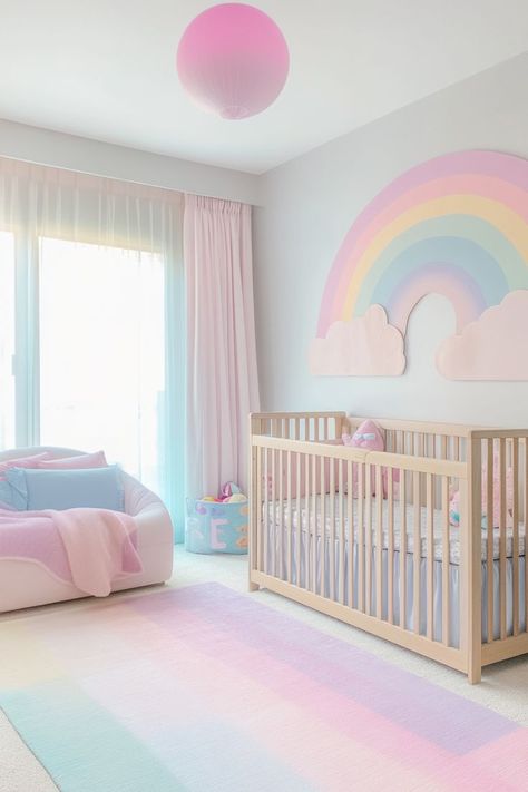 pastel rainbow nursery Baby Girl Nursery Pastel Colors, Carebear Nursery Ideas, Pastel Rainbow Room Kids Girl Bedrooms, Pastel Toddler Girl Room, Pastel Nursery Girl, Pastel Rainbow Girls Room, Nursery With Clouds, Rainbow Room Ideas, Sun Themed Nursery