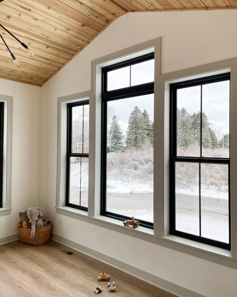 Contrasting Window Trim, Black Windows Grey Trim, Modern Rustic Interior Trim, Window Trim Living Room, Grey Window Trim, Window Panels Ideas, Black Framed Windows Living Room, White Trim Windows, Contrast Window Trim