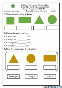 2D Shapes (Review) Language: English Grade/level: Grade 1 School subject: Math Main content: 2D Shapes Other contents: 2D Shapes 2d Shapes Activities, Mathematics Worksheets, Dimensional Shapes, 1st Grade Math Worksheets, English Grammar Worksheets, Shapes Worksheets, 2nd Grade Worksheets, Learning Worksheets, 2d Shapes