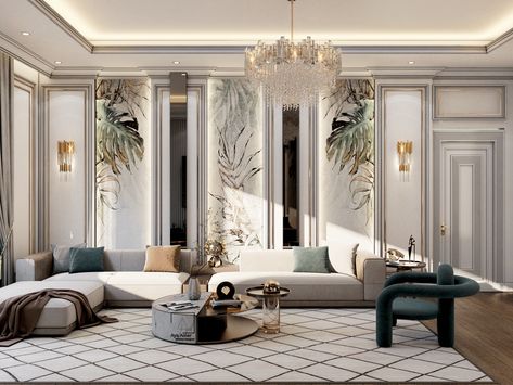 Master bedroom at KSA on Behance Drawing Room Classical Interior, Neoclassical Interior Design, Ideas For Drawing, Living Room Wall Designs, Luxxu Modern Design Living, Drawing Room Interior, Luxury Living Room Decor, Living Area Design, Showroom Interior Design