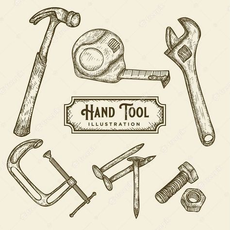 Tools Of The Trade Art, Carpentry Tools Drawing, Tool Tattoo Ideas, Hand Tools Drawing, Tool Illustration, Tools Illustration, Tool Artwork, Tool Tattoo, Tools Drawing