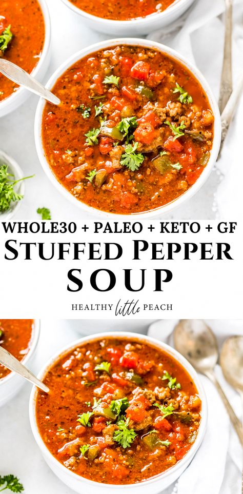 This Stuffed Pepper Soup is filled with ground beef, sausage, peppers, tomatoes, onions and lots of herbs. Perfect for an easy weeknight dinner and can even be poured over a sweet potato to make it even more filling. This recipe is Whole30, Keto and Paleo compliant. #stuffedpeppersoup #ketosoup #paleosoup #whole30soup #whole30recipes #ketorecipes #paleorecipes #souprecipes #fallrecipes soup #HomeFood Whole30 Soup, Whole 30 Soup, Paleo Soups, Keto Stuffed Peppers, Arbonne Recipes, Keto Dishes, Wholesome Meals, Sausage Peppers, 30 Challenge