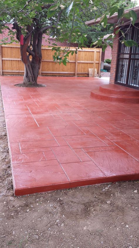 Red Concrete Floor, Red Concrete Patio, Paint Concrete Patio, Red Floor, Patio Flooring, Cement Floor, Concrete Porch, Concrete Garden, Stamped Concrete