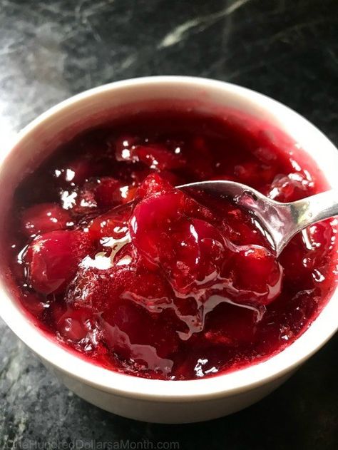 Cherry Almond Jam Recipe {It's AMAZING!!!} - One Hundred Dollars a Month Fresh Cranberry Sauce, Cranberry Sauce Recipe, Cranberry Sauce Homemade, Frozen Cranberries, Cherry Almond, Jam And Jelly, Jelly Recipes, Chutney Recipes, Thanksgiving Side Dishes