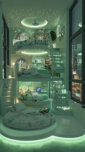 Room Ideas Aesthetic Two Beds, Kids Room Bed Design, Biggest Bed, 2 Beds Bedroom Ideas, Coolest Bedrooms, Comfortable Beds, Interior Room Design, Bunk Beds With Led Lights, Cute Bunk Beds