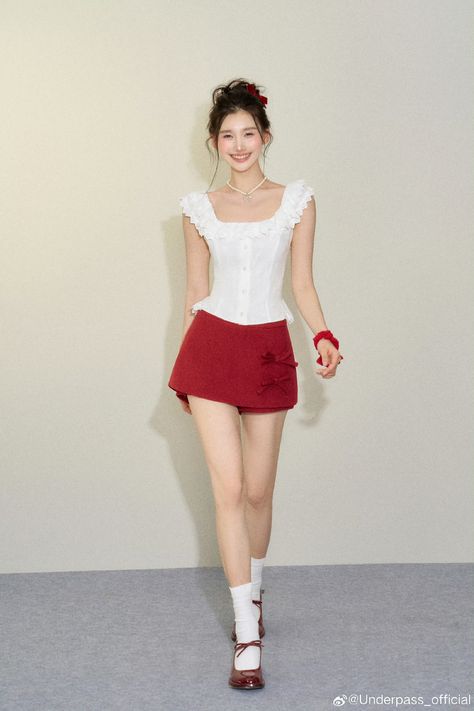 White Dress White Tights, Korean Red Outfit, Touch Of Red Outfit, Red Outfit Korean, White And Red Outfit, Red White Outfit, Dance Style Outfits, Classic Hollywood Glamour, Causal Dresses