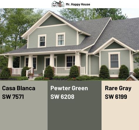 Good House Colors Exterior Paint, Farmhouse Green Exterior Paint Colors, Exterior Paint Colors For 90s House, Paint Colors For House Exterior, Green Exterior House Colors Stucco, Home Colors Exterior Paint Ideas, Exterior Paint And Roof Colors, Exterior Color Ideas, Evergreen Exterior House Colors